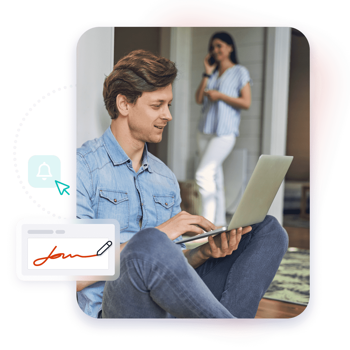 Casual man sitting in the floor at home with a laptop